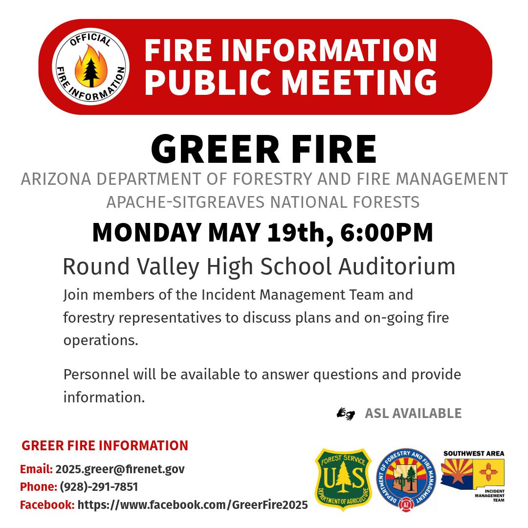 flyer for Greer fire community meeting taking place at the highschool auditorium on may 19th 2025 at 6pm