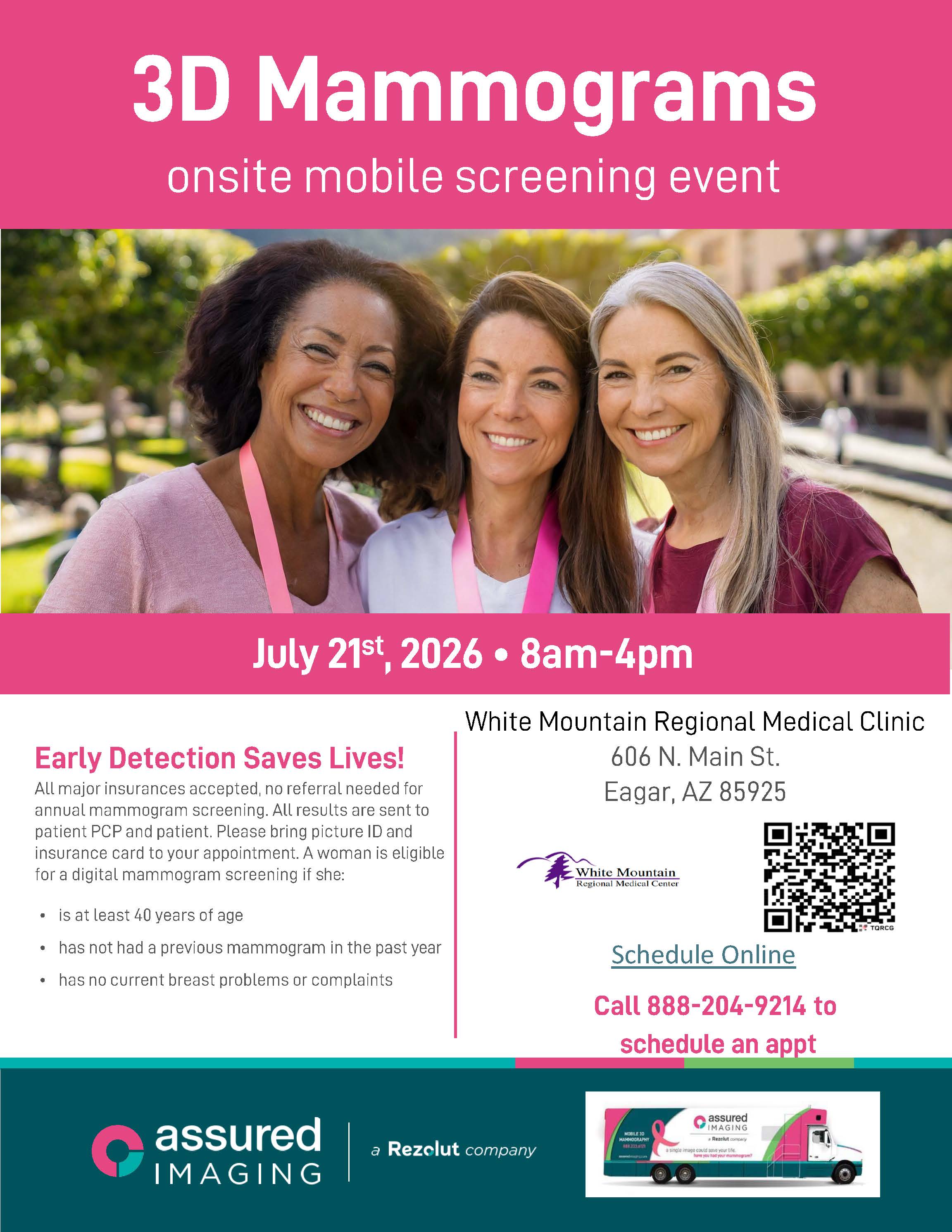 mammogram flyer in english for the event being hosted at the WMRMC- RHC on July 21st, 2026